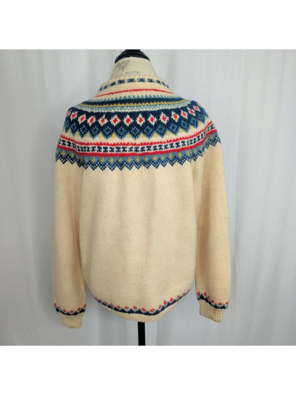 Vintage 60s Fair Isle Knit Cardigan Medium Cream Nordic - Picture 7 of 8